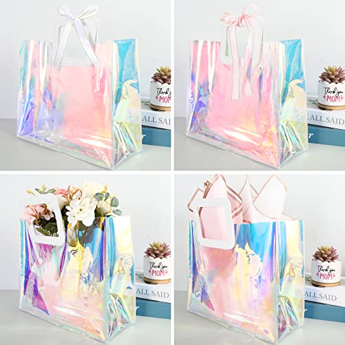 Whaline 5Pcs Large Holographic Gift Bags 12.8 x 11.6 x 5.7 Inch Iridescent Clear Reusable Tote PVC Gift Wrap Handbags Waterproof Shopping Bags for Wedding Birthday Baby Shower Party Supplies
