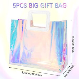 Whaline 5Pcs Large Holographic Gift Bags 12.8 x 11.6 x 5.7 Inch Iridescent Clear Reusable Tote PVC Gift Wrap Handbags Waterproof Shopping Bags for Wedding Birthday Baby Shower Party Supplies