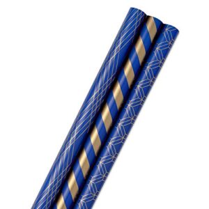 hallmark all occasion wrapping paper bundle with cut lines on reverse – dark blue and gold stripes (3-pack: 105 sq. ft. ttl.) for christmas, hanukkah, birthdays, graduations, father’s day, weddings