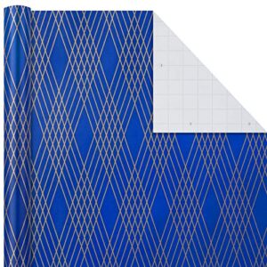 Hallmark All Occasion Wrapping Paper Bundle with Cut Lines on Reverse - Dark Blue and Gold Stripes (3-Pack: 105 sq. ft. ttl.) for Christmas, Hanukkah, Birthdays, Graduations, Father's Day, Weddings