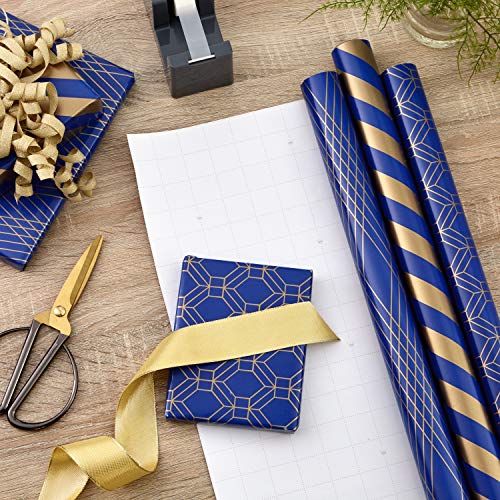 Hallmark All Occasion Wrapping Paper Bundle with Cut Lines on Reverse - Dark Blue and Gold Stripes (3-Pack: 105 sq. ft. ttl.) for Christmas, Hanukkah, Birthdays, Graduations, Father's Day, Weddings