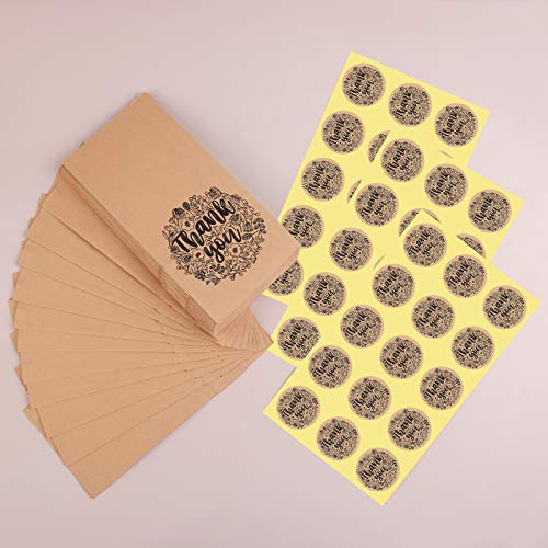 Cooraby 30 Pieces Mini Thank You Party Bags 3.5x2.4x7.1 Inches Thanksgiving Brown Gift Paper Bags Lunch Flat Bottom Kraft Paper Bags with 45 Pieces Thankyou Stickers