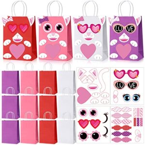 12 pcs valentine treat bags for kids, cat diy valentine candy treat bags kraft paper gift bags valentine goodie bags with 18 accessories for snack party favor and students classroom gift exchange