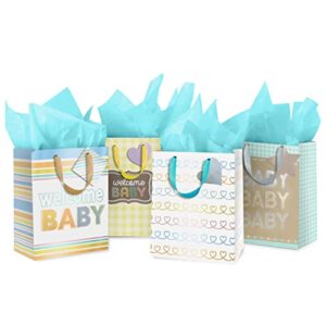ye giving baby gift bags with tissue, 8″x4″x10″ 4 pack. 4 designs. gift bag set for new baby, includes tissue paper and tags.
