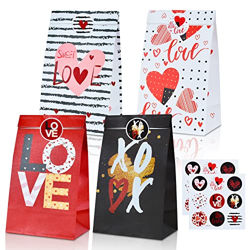 Valentines Day Paper Gift Bags, 12 Pack Love Heart Valentine Party Favor Bags Treat Bags with 18 Pcs Sealing Stickers for Gift Wrapping, Classroom Gift Exchange (Red, Black, White)