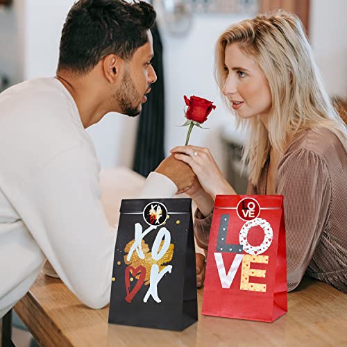 Valentines Day Paper Gift Bags, 12 Pack Love Heart Valentine Party Favor Bags Treat Bags with 18 Pcs Sealing Stickers for Gift Wrapping, Classroom Gift Exchange (Red, Black, White)