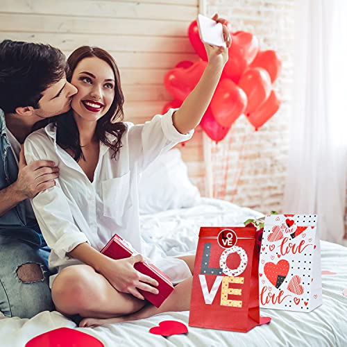 Valentines Day Paper Gift Bags, 12 Pack Love Heart Valentine Party Favor Bags Treat Bags with 18 Pcs Sealing Stickers for Gift Wrapping, Classroom Gift Exchange (Red, Black, White)