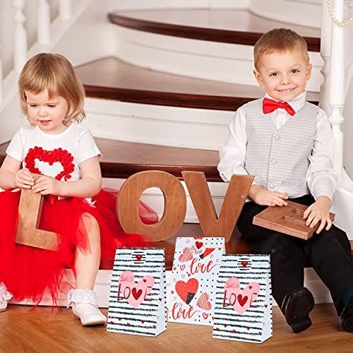 Valentines Day Paper Gift Bags, 12 Pack Love Heart Valentine Party Favor Bags Treat Bags with 18 Pcs Sealing Stickers for Gift Wrapping, Classroom Gift Exchange (Red, Black, White)
