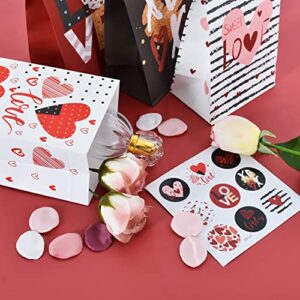 Valentines Day Paper Gift Bags, 12 Pack Love Heart Valentine Party Favor Bags Treat Bags with 18 Pcs Sealing Stickers for Gift Wrapping, Classroom Gift Exchange (Red, Black, White)