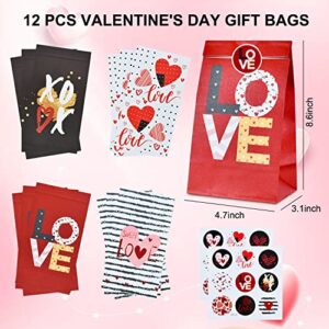 Valentines Day Paper Gift Bags, 12 Pack Love Heart Valentine Party Favor Bags Treat Bags with 18 Pcs Sealing Stickers for Gift Wrapping, Classroom Gift Exchange (Red, Black, White)