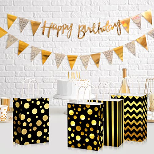 12 Pcs Gold Black Party Bags Metallic Gold Black Gift Bags with Handle Black and Gold Treat Bags for Gold Black Party Birthday Party Wedding Celebrations