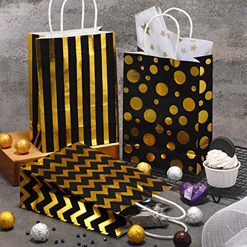 12 Pcs Gold Black Party Bags Metallic Gold Black Gift Bags with Handle Black and Gold Treat Bags for Gold Black Party Birthday Party Wedding Celebrations