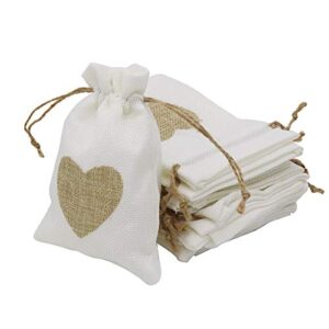 30 pcs burlap gift bags, 4×6 inches jewelry bags drawstring with heart small goodie bags hessian jute pouches for wedding party favors valentine baby shower christmas (white)