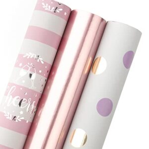 WRAPAHOLIC Wrapping Paper Roll - Rose Gold and Pink Set for Birthday Holiday Wedding Baby Shower - 3 Rolls - 30 inch X 120 inch Per Roll