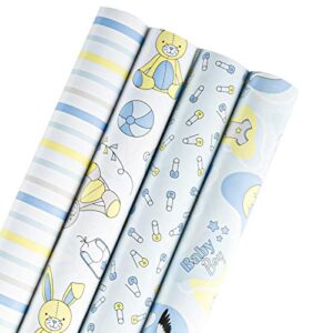 wrapaholic baby boy wrapping paper roll – cute bear and small pin design perfect for celebration, party, baby shower present packing – 4 rolls – 30 inch x 120 inch per roll