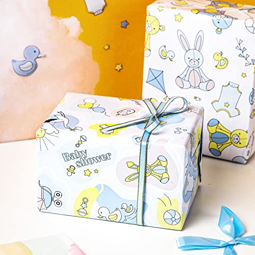 WRAPAHOLIC Baby Boy Wrapping Paper Roll - Cute Bear and Small Pin Design Perfect for Celebration, Party, Baby Shower Present Packing - 4 Rolls - 30 inch X 120 inch Per Roll