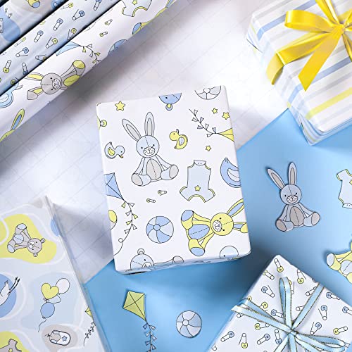 WRAPAHOLIC Baby Boy Wrapping Paper Roll - Cute Bear and Small Pin Design Perfect for Celebration, Party, Baby Shower Present Packing - 4 Rolls - 30 inch X 120 inch Per Roll