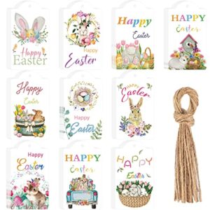 100 pcs easter hang tags paper hanging happy easter themed tags labels small bunny egg basket white watercolor easter gift tags with string for kids holiday party name craft diy wrapping decorations