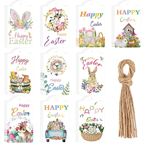 100 Pcs Easter Hang Tags Paper Hanging Happy Easter Themed Tags Labels Small Bunny Egg Basket White Watercolor Easter Gift Tags with String for Kids Holiday Party Name Craft DIY Wrapping Decorations