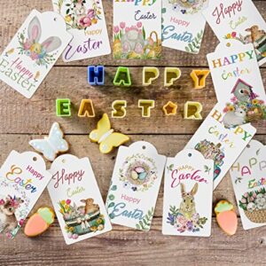 100 Pcs Easter Hang Tags Paper Hanging Happy Easter Themed Tags Labels Small Bunny Egg Basket White Watercolor Easter Gift Tags with String for Kids Holiday Party Name Craft DIY Wrapping Decorations