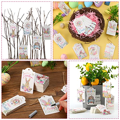 100 Pcs Easter Hang Tags Paper Hanging Happy Easter Themed Tags Labels Small Bunny Egg Basket White Watercolor Easter Gift Tags with String for Kids Holiday Party Name Craft DIY Wrapping Decorations