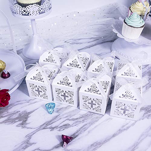 YOZATIA 50PCS Cross Favor Boxes, 2.2 x 2.2 x 2.2 Inches Baptism Favor Boxes with 50 Ribbons, for Party Birthday Christening favor(Cross)