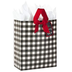 Hallmark 15" Extra Large Christmas Gift Bag with Tissue Paper (Black and White Buffalo Plaid with Red Bow)