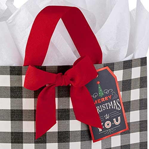 Hallmark 15" Extra Large Christmas Gift Bag with Tissue Paper (Black and White Buffalo Plaid with Red Bow)