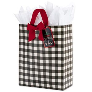 Hallmark 15" Extra Large Christmas Gift Bag with Tissue Paper (Black and White Buffalo Plaid with Red Bow)