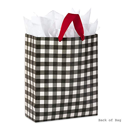 Hallmark 15" Extra Large Christmas Gift Bag with Tissue Paper (Black and White Buffalo Plaid with Red Bow)