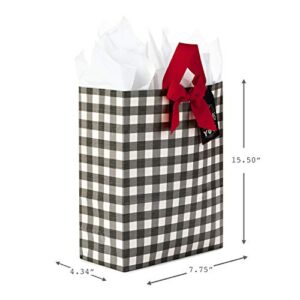 Hallmark 15" Extra Large Christmas Gift Bag with Tissue Paper (Black and White Buffalo Plaid with Red Bow)