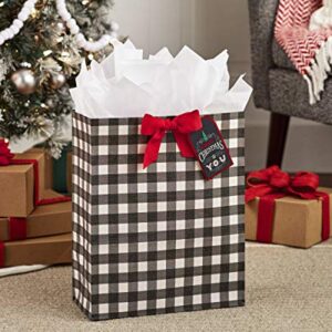 Hallmark 15" Extra Large Christmas Gift Bag with Tissue Paper (Black and White Buffalo Plaid with Red Bow)