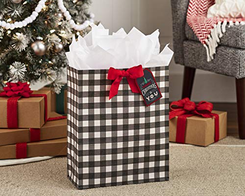 Hallmark 15" Extra Large Christmas Gift Bag with Tissue Paper (Black and White Buffalo Plaid with Red Bow)