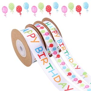 mamunu 3 rolls happy birthday ribbon, 3/5″ and 1″ wide birthday cake ribbon white satin polyester ribbon, for diy birthday craft, gifts wrapping, bow making(30yds) (3 roll)
