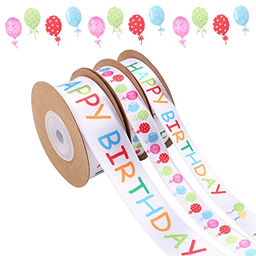 MAMUNU 3 Rolls Happy Birthday Ribbon, 3/5" and 1" Wide Birthday Cake Ribbon White Satin Polyester Ribbon, for DIY Birthday Craft, Gifts Wrapping, Bow Making(30Yds) (3 roll)