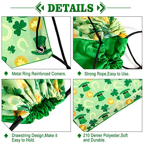 Whaline 5 Pieces St Patrick's Day Drawstring Bags, Shamrock Backpack Irish Large Goody Treat Candy Bags Bulk Wrapping Gift Bag for St Patrick's Party Favors