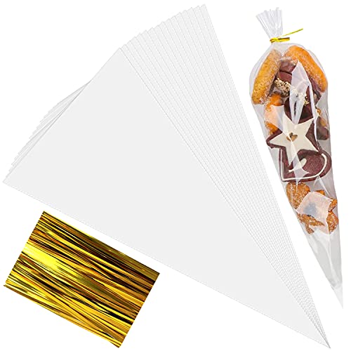 100 Pcs Cone Shaped Bags 7.1" X 14.6" Clear Cone Bags Popcorn Cone Bags for Treat Candy with 100 Twist Ties