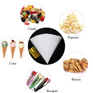 100 Pcs Cone Shaped Bags 7.1" X 14.6" Clear Cone Bags Popcorn Cone Bags for Treat Candy with 100 Twist Ties