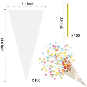 100 Pcs Cone Shaped Bags 7.1" X 14.6" Clear Cone Bags Popcorn Cone Bags for Treat Candy with 100 Twist Ties