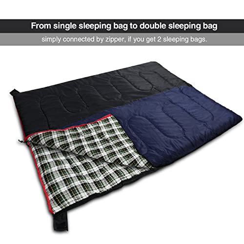 REDCAMP Outdoors Cotton Flannel Sleeping Bag for Camping Backpacking, Warm and Comfortable Envelope Sleeping Bags with 2/3/4lbs Filling, Green Plaid