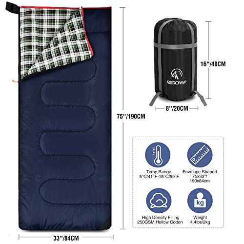 REDCAMP Outdoors Cotton Flannel Sleeping Bag for Camping Backpacking, Warm and Comfortable Envelope Sleeping Bags with 2/3/4lbs Filling, Green Plaid