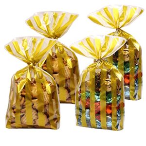 hopemt (200 pcs)100 pcs gold stripes translucent plastic bags/cellophane bags with 100 pcs gold twist ties for cookie,cake,chocolate,candy,snack wrapping good for bakery party
