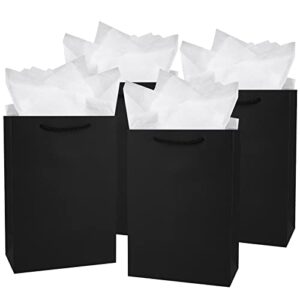 jutieuo 12 pcs luxury black bags with tissue paper, medium size gift bags for men, groomsmen proposal bags, 8x4x11 inches premium black paper bags with handles for valentine’s day birthday gift
