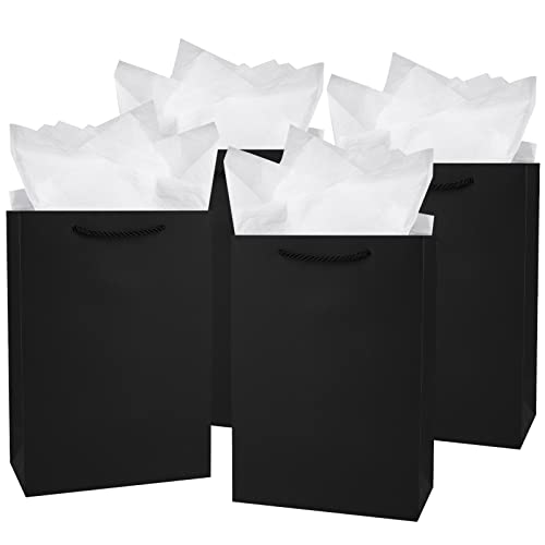 Jutieuo 12 Pcs Luxury Black Bags with Tissue Paper, Medium Size Gift Bags for Men, Groomsmen Proposal Bags, 8x4x11 Inches Premium Black Paper Bags with Handles for Valentine's Day Birthday Gift