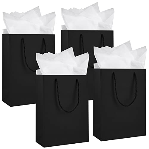 Jutieuo 12 Pcs Luxury Black Bags with Tissue Paper, Medium Size Gift Bags for Men, Groomsmen Proposal Bags, 8x4x11 Inches Premium Black Paper Bags with Handles for Valentine's Day Birthday Gift