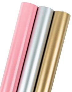 maypluss wrapping paper roll – mini roll – 17.3 inch x 120 inch per roll – solid matte pink/silver/golden design (43.2 sq.ft.ttl)