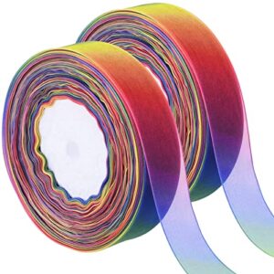 hapeper 2 rolls 1 inch rainbow organza ribbon colorful sheer chiffon ribbons for gift wrapping, crafts, party decoration, 100 yards