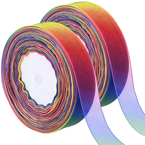 Hapeper 2 Rolls 1 Inch Rainbow Organza Ribbon Colorful Sheer Chiffon Ribbons for Gift Wrapping, Crafts, Party Decoration, 100 Yards