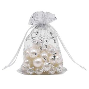 HRX Package 100pcs Snowflake Organza Gift Bags Christmas 3.5 x 4.7 inch, Small White Mesh Jewelry Pouches Little Drawstring Candy Bags