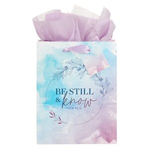 christian art gifts portrait gift bag w/tag & tissue paper set for women: be still and know – psalm 46:10 inspirational bible verse for birthdays, graduations, watercolor blue & lilac purple, medium